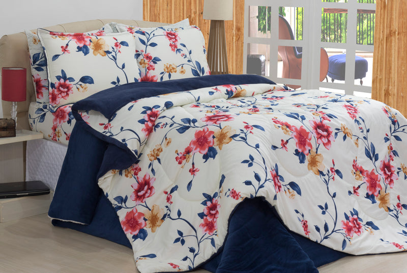 Kit Coberdrom Micropercal E Soft Floral Azul Queen Size 03 Pçs